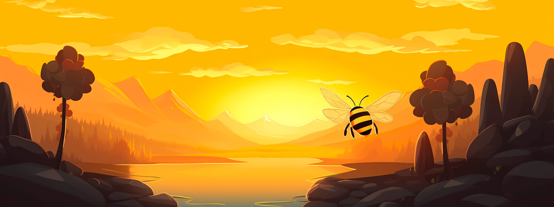 ett bi flyger i solnedgång