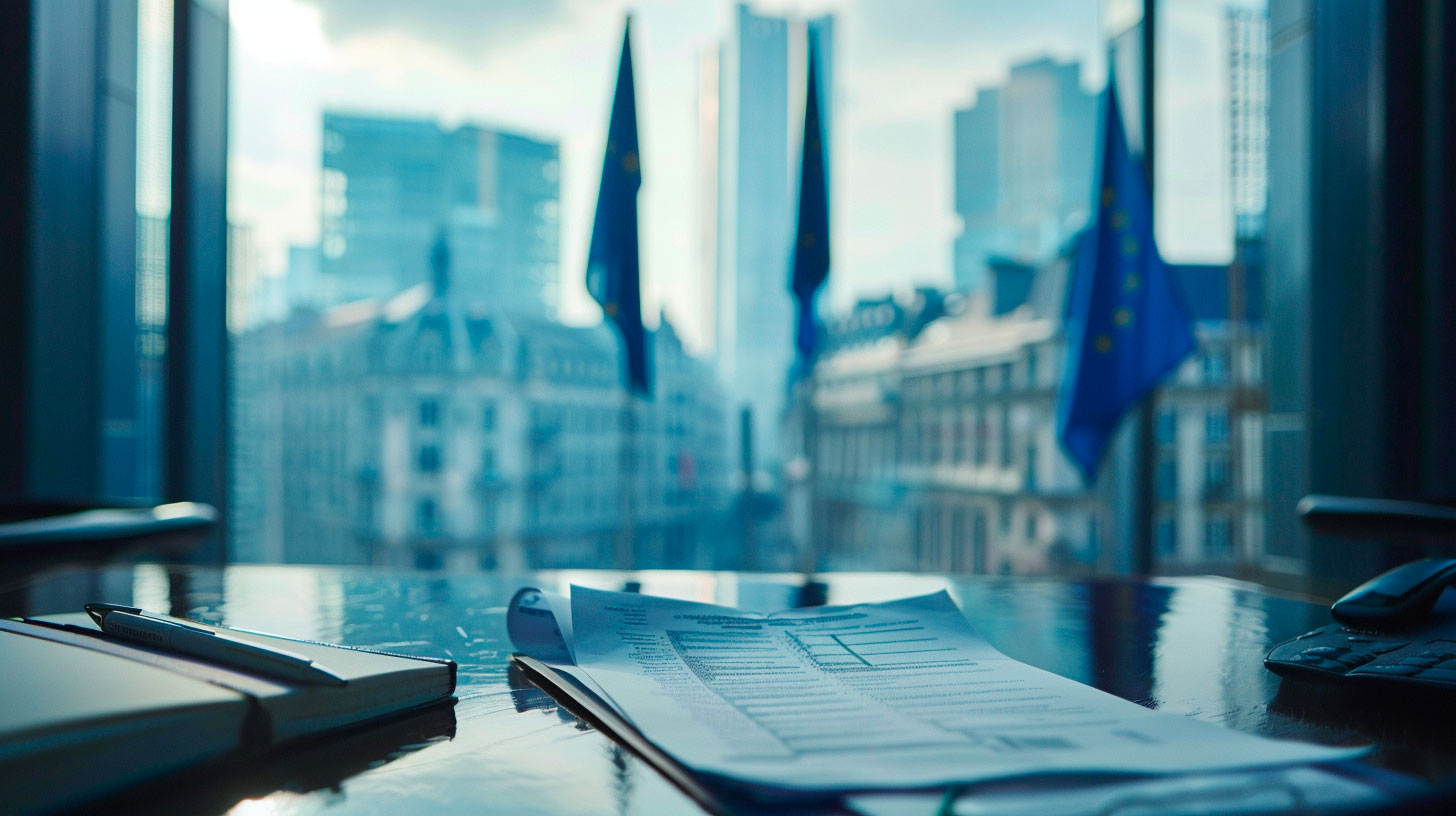 Ett kontrakt ligger på ett skrivbod med Bryssel och EU-flagga i bakgrunden