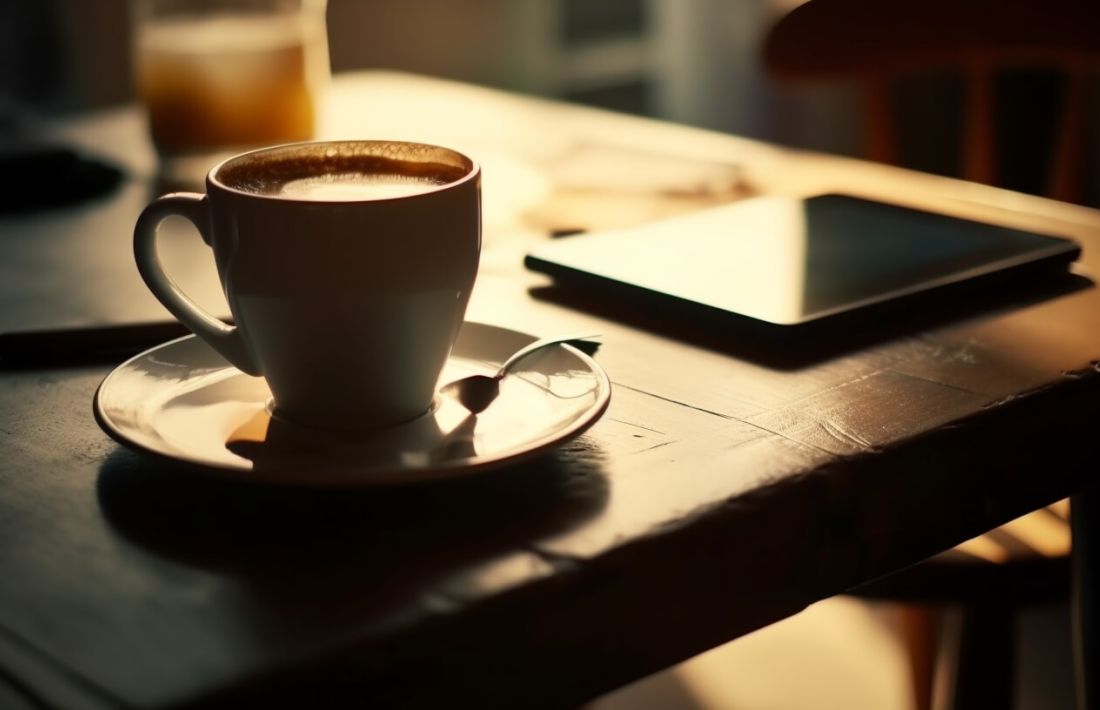 En kaffekopp och en surfplatta på ett bord