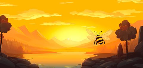 ett bi flyger i solnedgång
