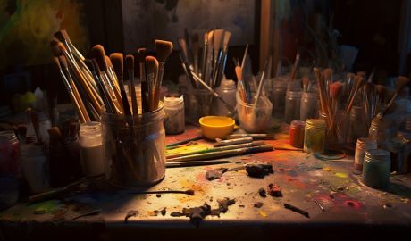 En konststudio med penslar och färger