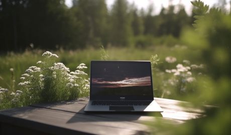En laptop står i ett svenskt sommarlandskap