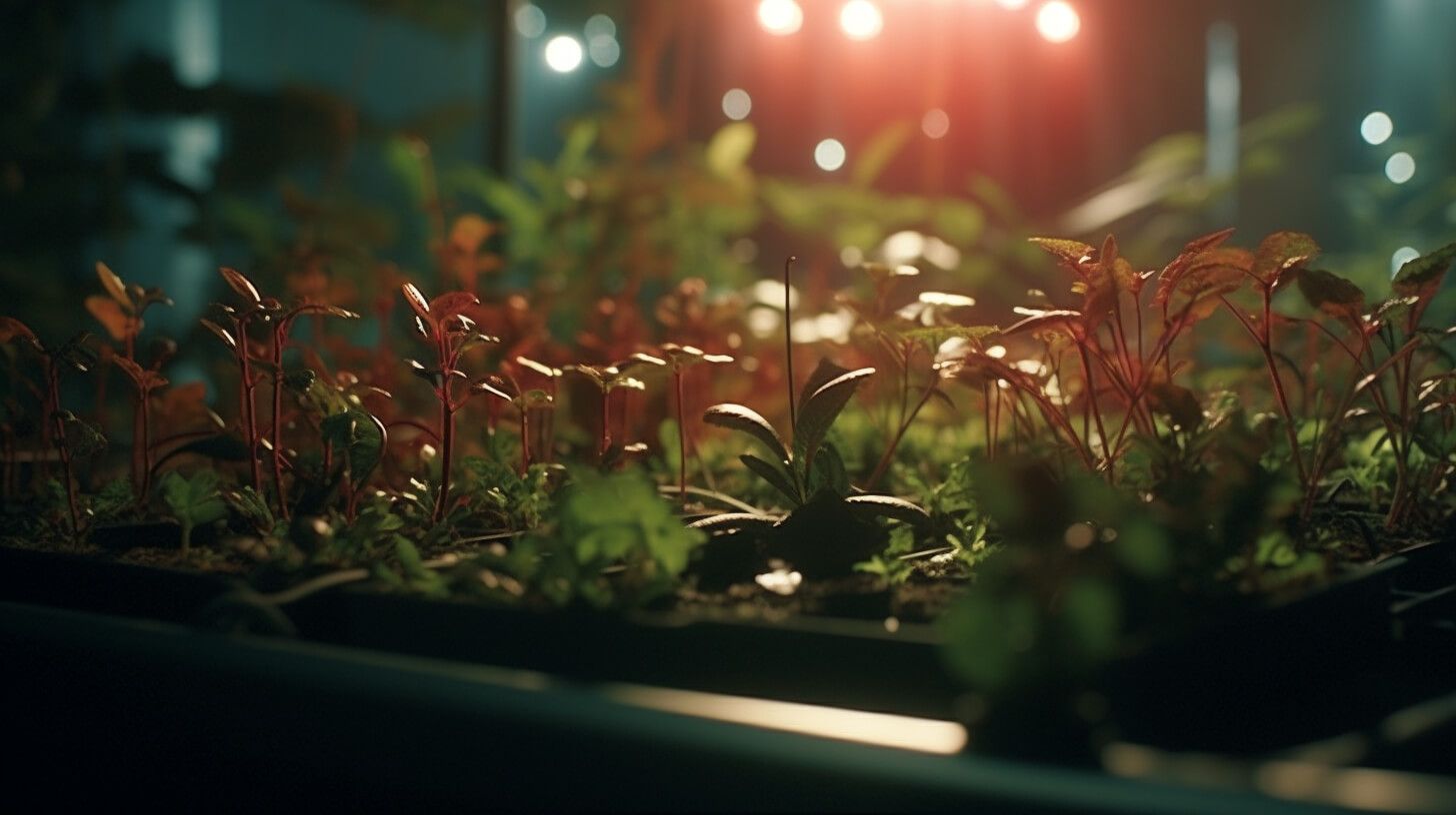 Små växter växer under konstgjort ljus