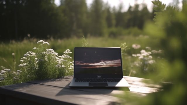 En laptop står i ett svenskt sommarlandskap