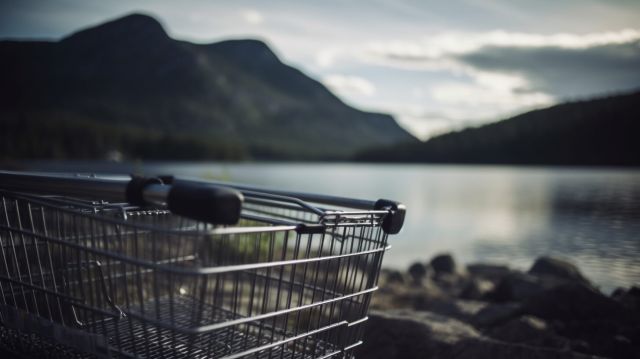En kundvagn som står vid en norsk fjord