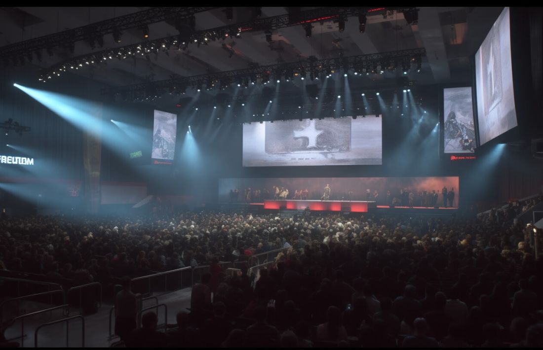 Ett stort event med scen och mycket folk