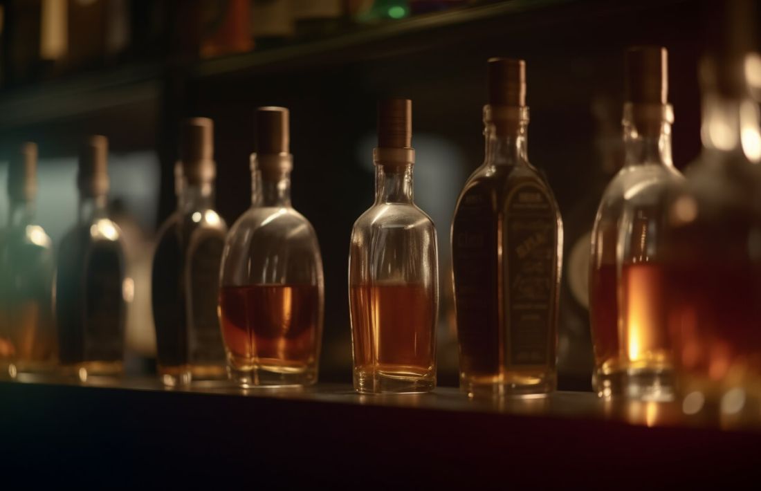 En rad med spritflaskor i en bar