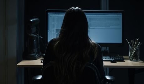 Ryggen på en kvinnlig författare som skriver på sin dator