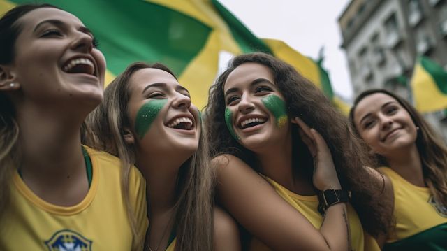 Glada tjejer med Brasilien målningar i ansiktet