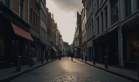 En stämmningsfull gata i Bryssels gator på kvällen