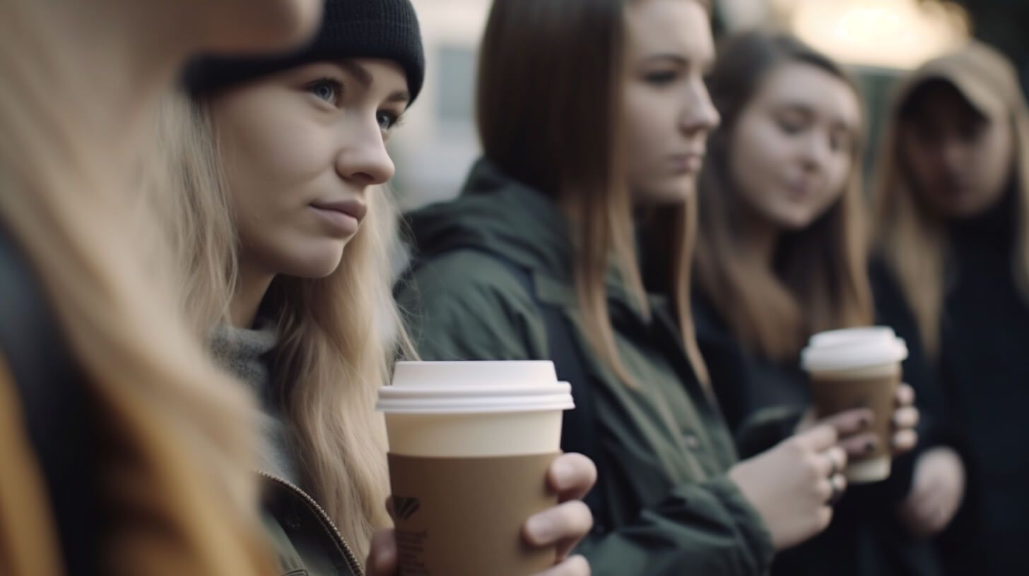 Studenter med takeaway-kaffemuggar