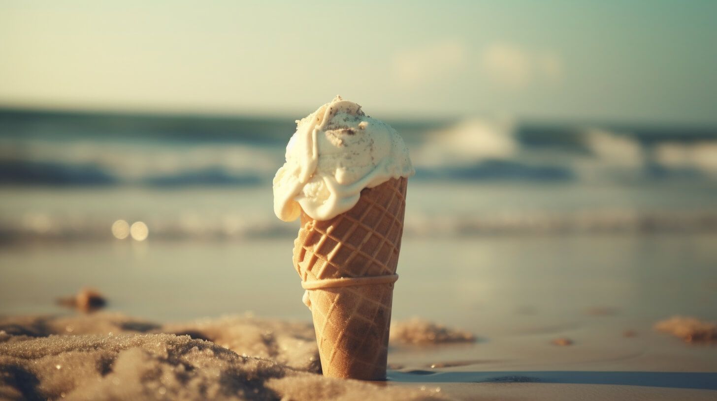 En glass sitter nedstoppad i sanden vid en strand med havet i bakgrunden