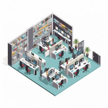 ett kontor med många skrivbord